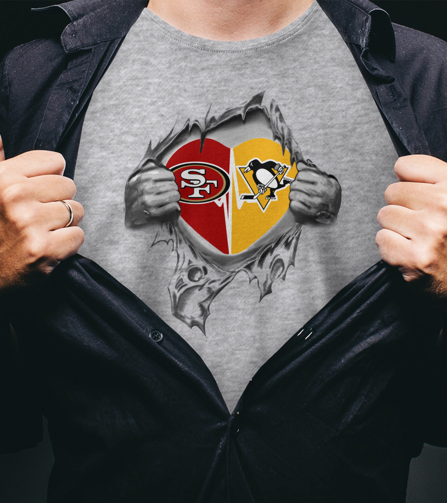 49ers Pittsburgh Penguins Heart Divided Logo Tear T-Shirt