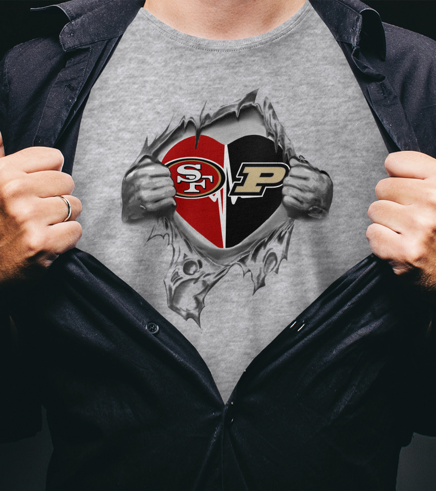 49ers Purdue Boilermakers Heart Logos Torn Metal T-Shirt