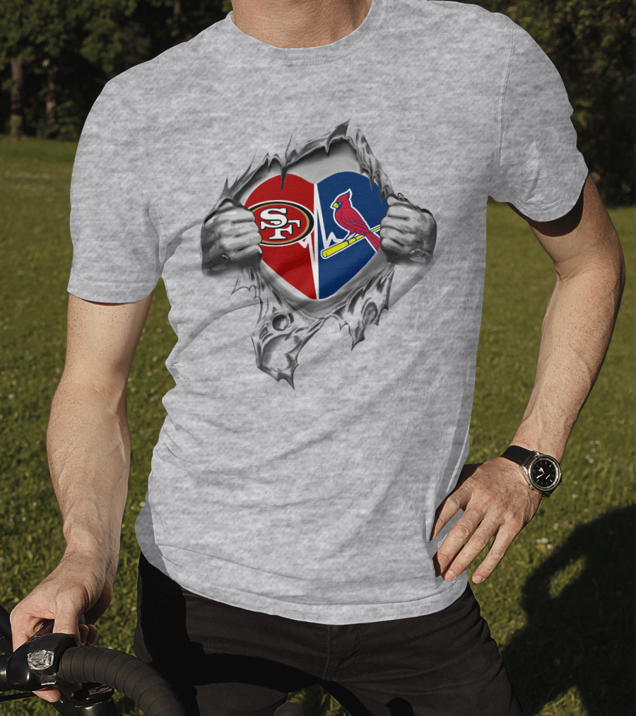 49ers St Louis Cardinals Heart With Torn Paper And Hands Breaking Through T-Shirt