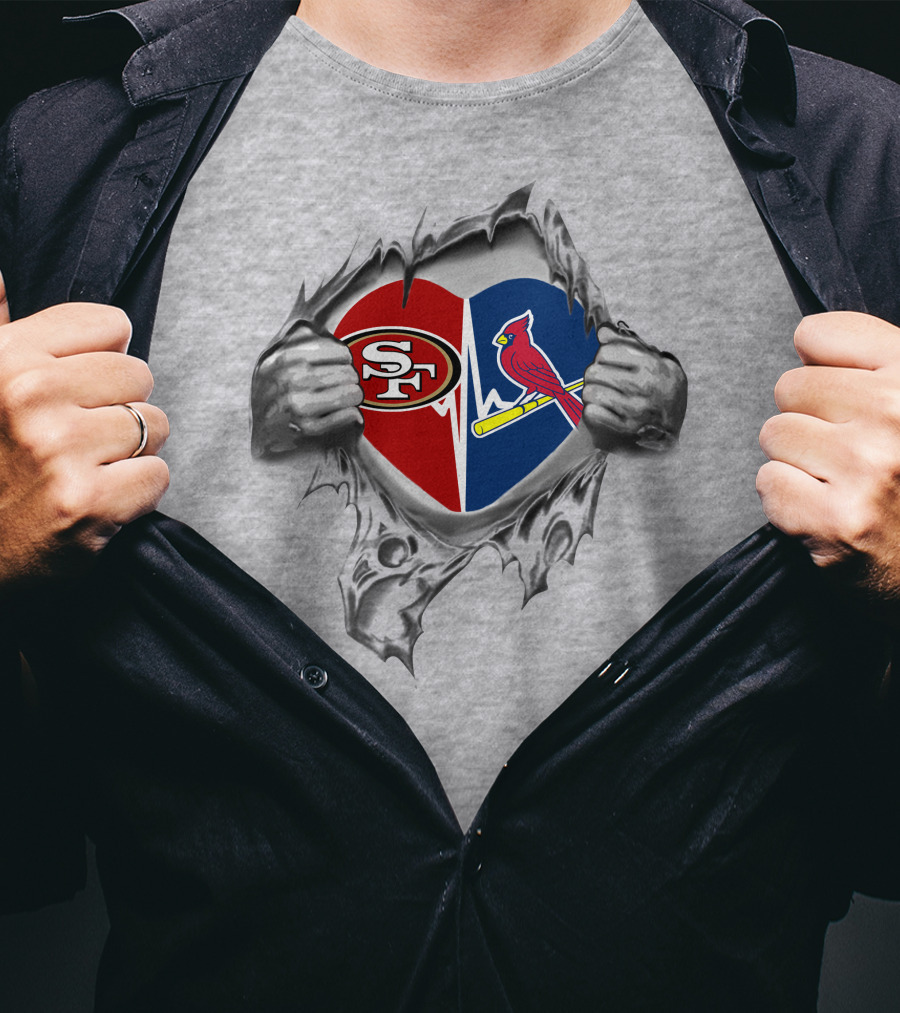 49ers St Louis Cardinals Heart With Torn Paper And Hands Breaking Through T-Shirt
