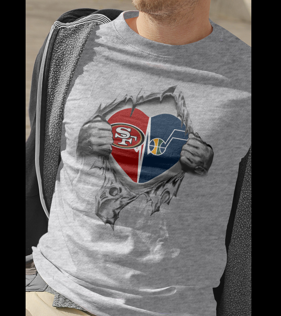49ers Utah Jazz Heart Logo Fusion With Torn Fabric T-Shirt