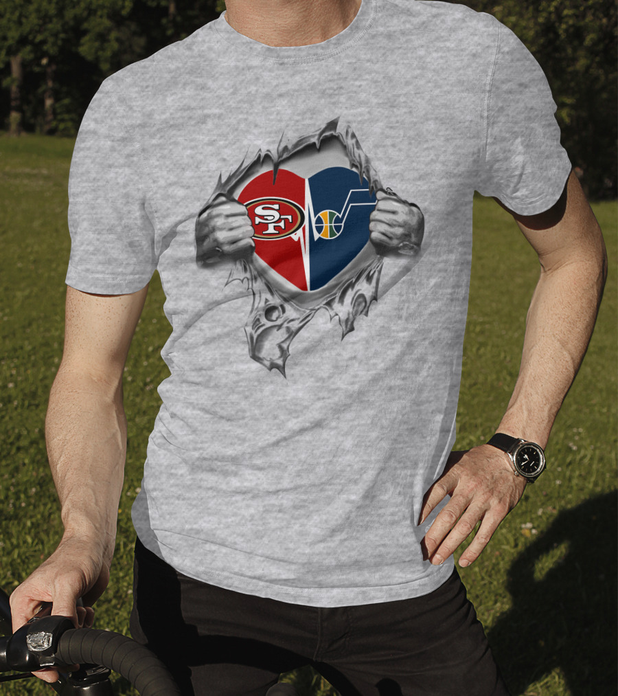 49ers Utah Jazz Heart Logo Fusion With Torn Fabric T-Shirt