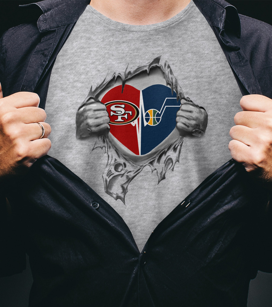 49ers Utah Jazz Heart Logo Fusion With Torn Fabric T-Shirt
