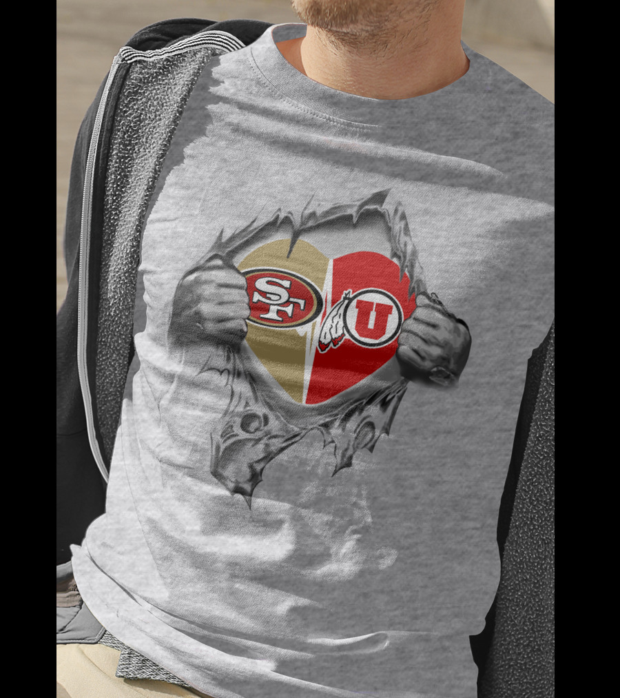 49ers Utah Utes Heart Passion With Logos And Ripping Hands T-Shirt