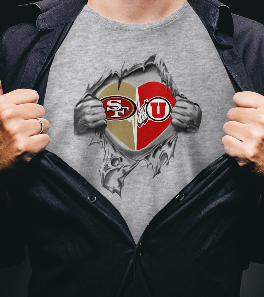 49ers Utah Utes Heart Passion With Logos And Ripping Hands T-Shirt