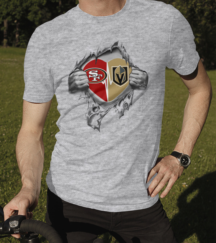 49ers Vegas Golden Knights Heart Design With Tattered Hands T-Shirt