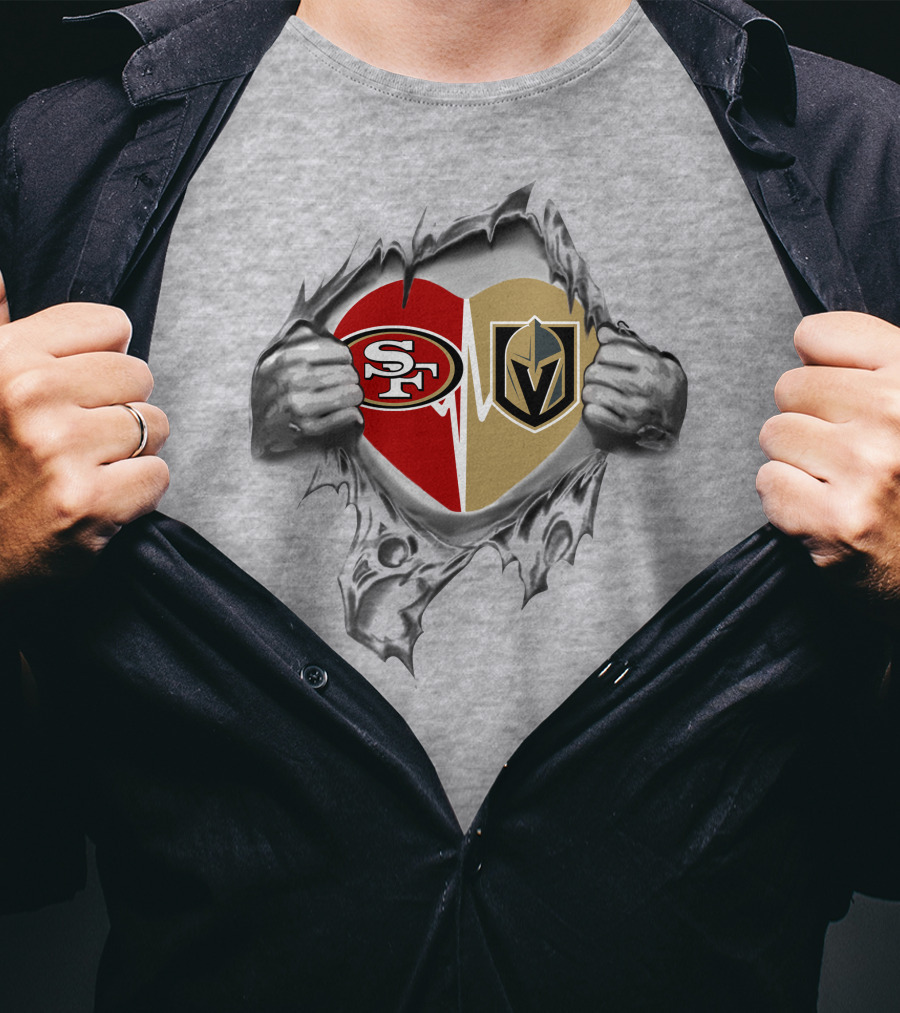 49ers Vegas Golden Knights Heart Design With Tattered Hands T-Shirt