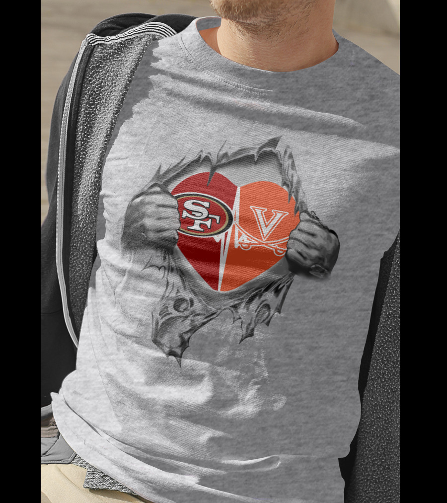 49ers Virginia Cavaliers Heart Logos In Torn Fabric T-Shirt