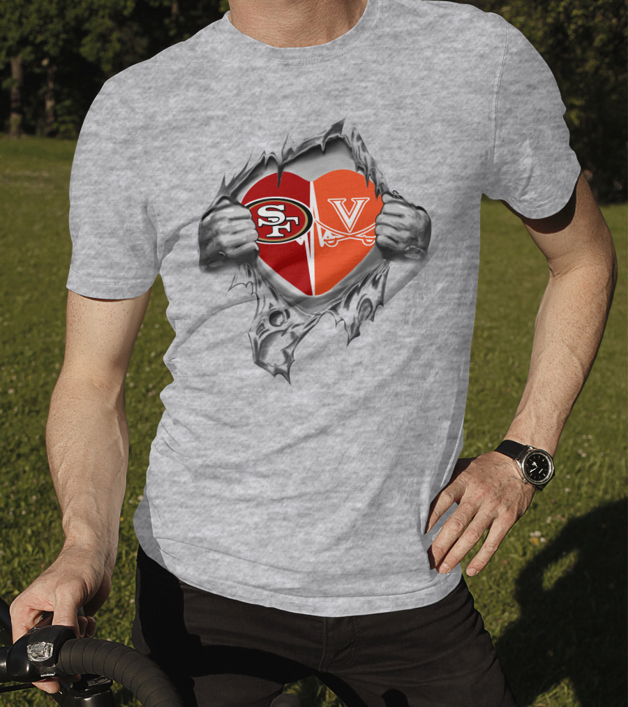 49ers Virginia Cavaliers Heart Logos In Torn Fabric T-Shirt