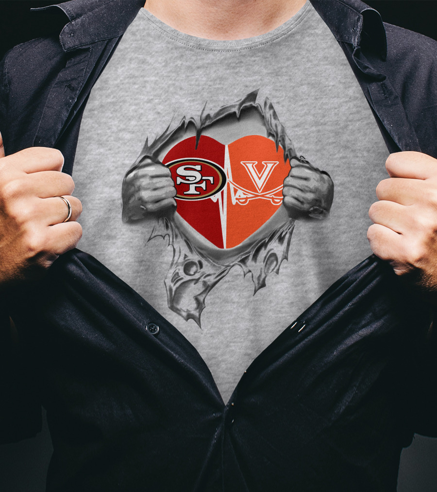 49ers Virginia Cavaliers Heart Logos In Torn Fabric T-Shirt