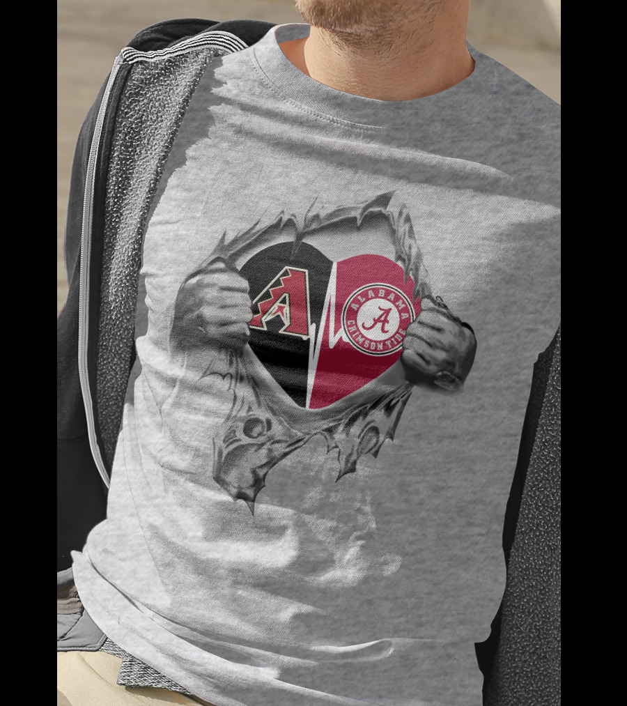Arizona Diamondbacks Alabama Crimson Tide Heart Logos In Torn Style T-Shirt