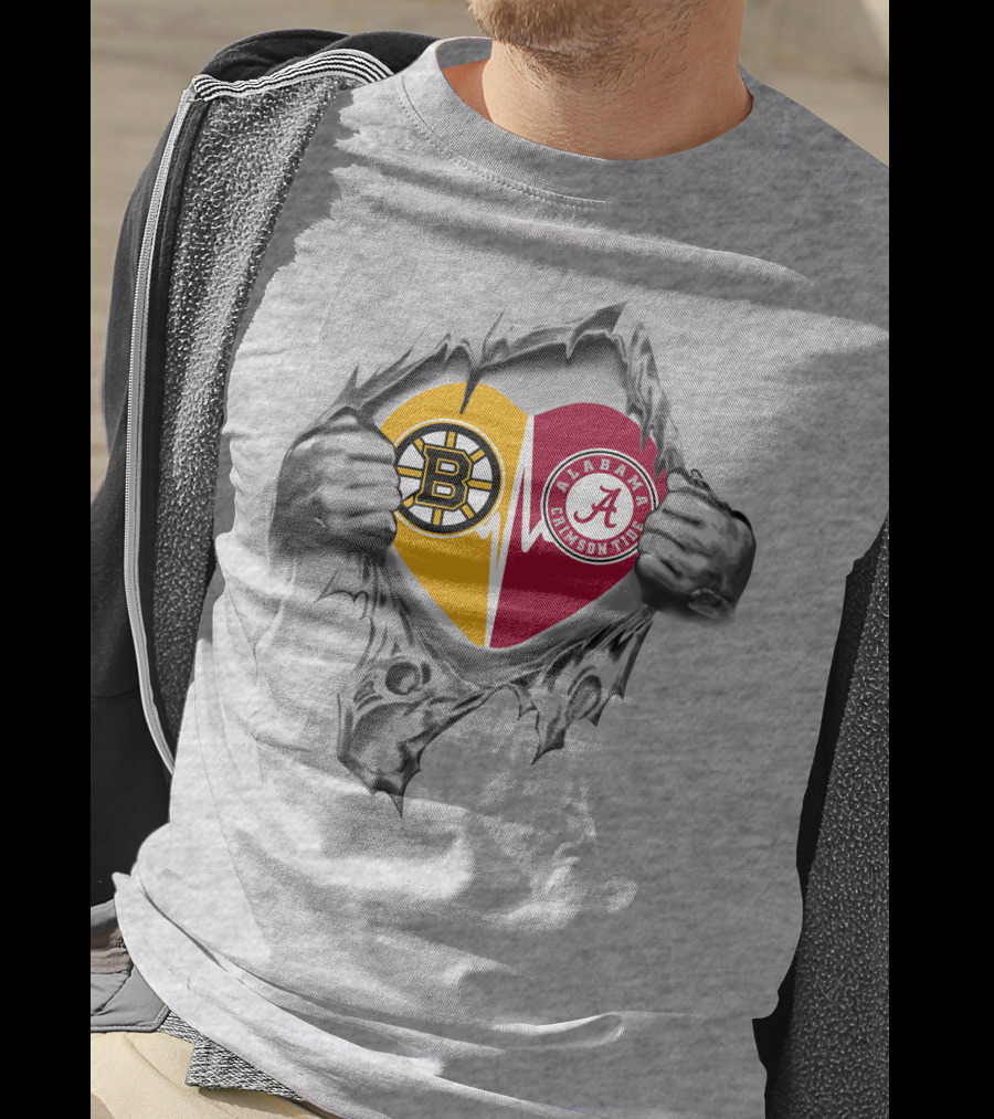Boston Bruins And Alabama Crimson Tide Heart Torn T-Shirt