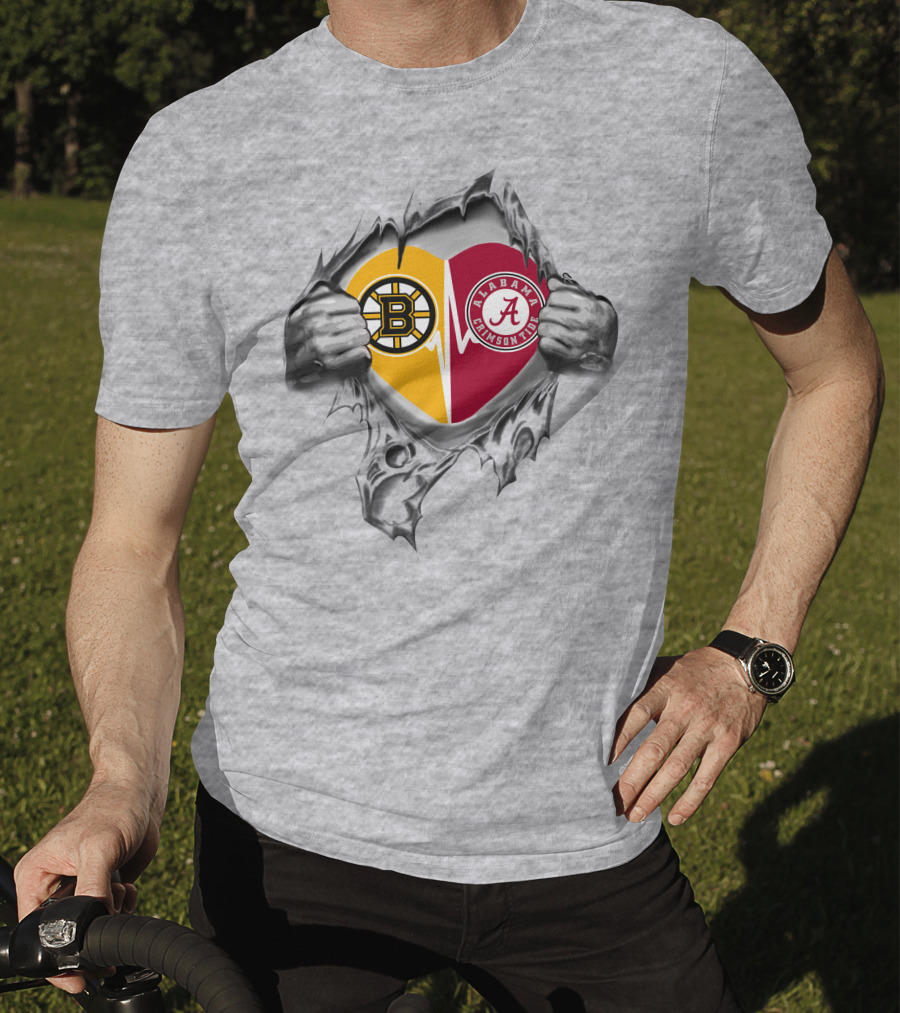 Boston Bruins And Alabama Crimson Tide Heart Torn T-Shirt