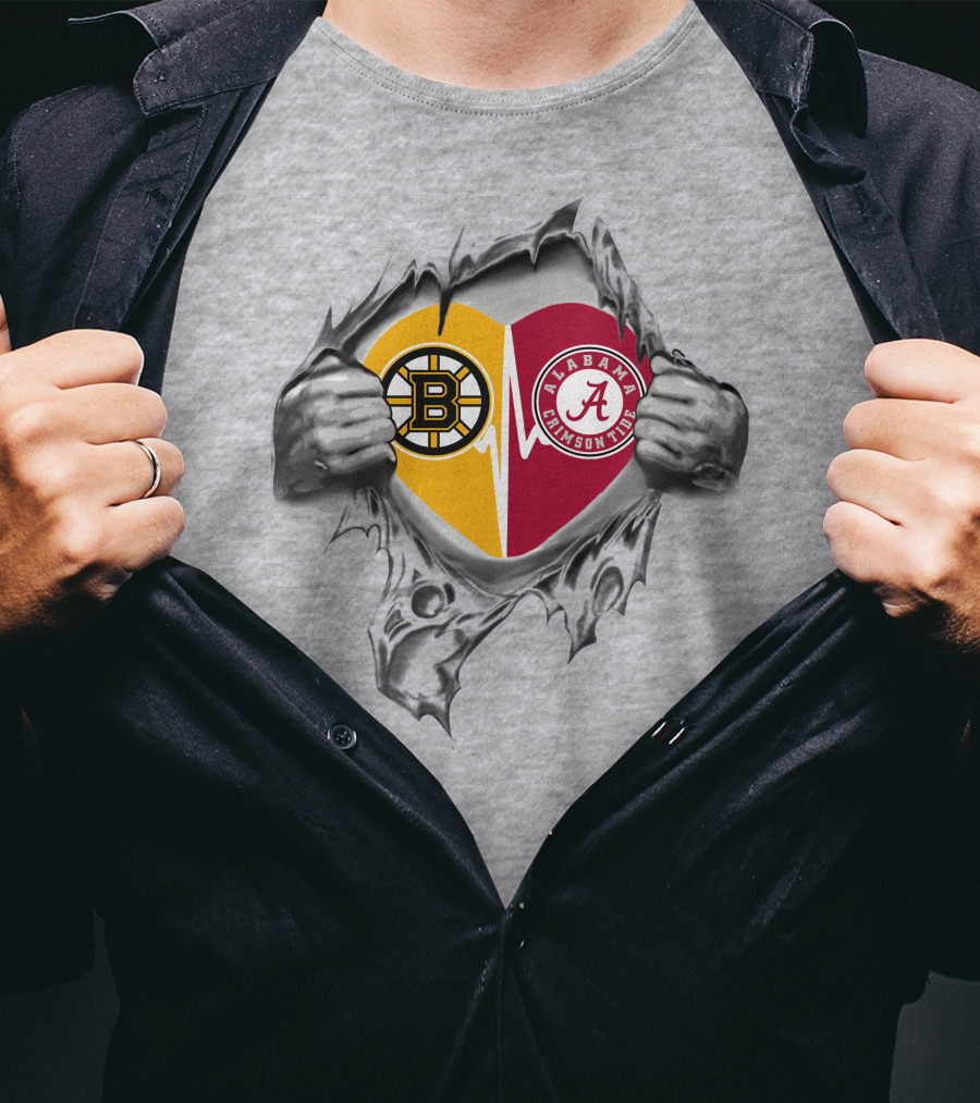 Boston Bruins And Alabama Crimson Tide Heart Torn T-Shirt