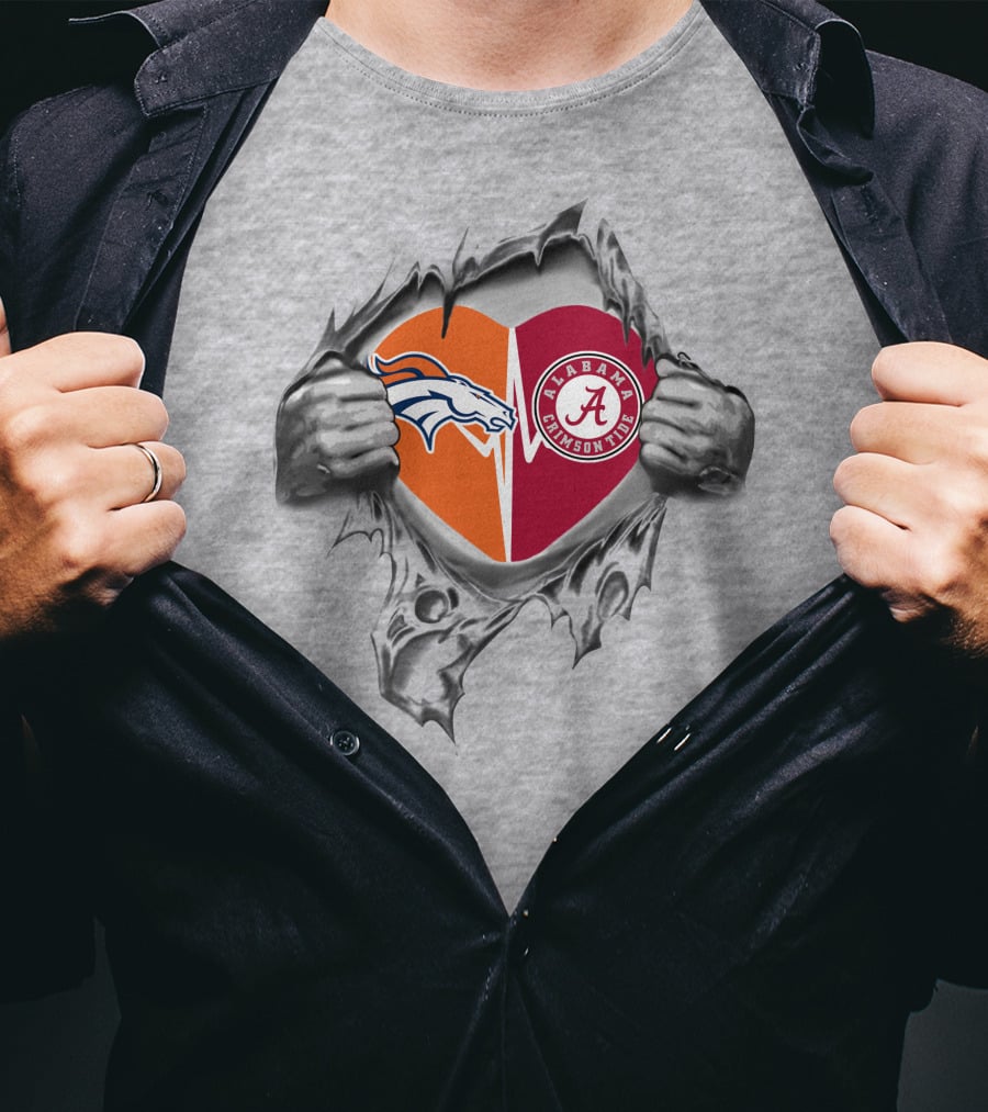 Broncos Alabama Crimson Tide Heart With Ripped Effect T-Shirt