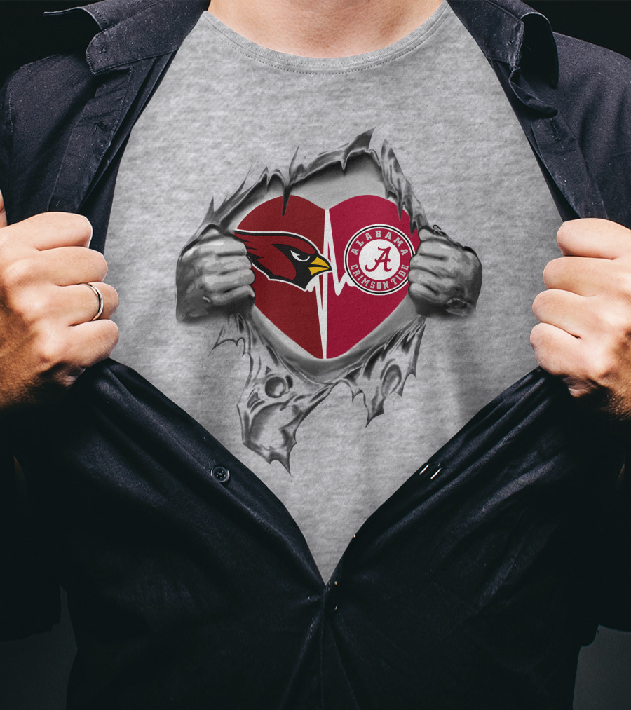 Cardinals Alabama Crimson Tide Heart Symbol Split In Torn T-Shirt