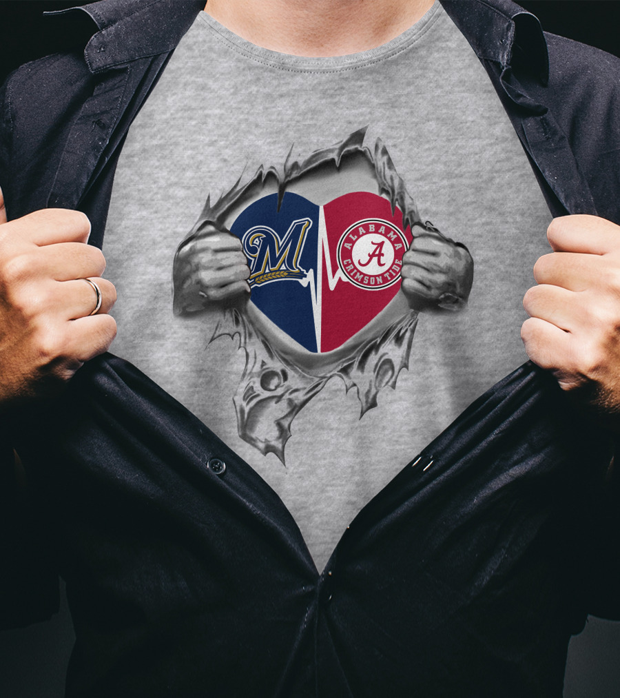 Milwaukee Brewers Alabama Crimson Tide Heart Logo Fusion T-Shirt