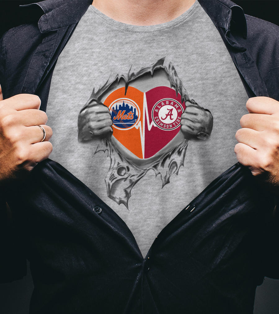New York Mets Alabama Crimson Tide Heartbeat Logo Fan Tribute T-Shirt