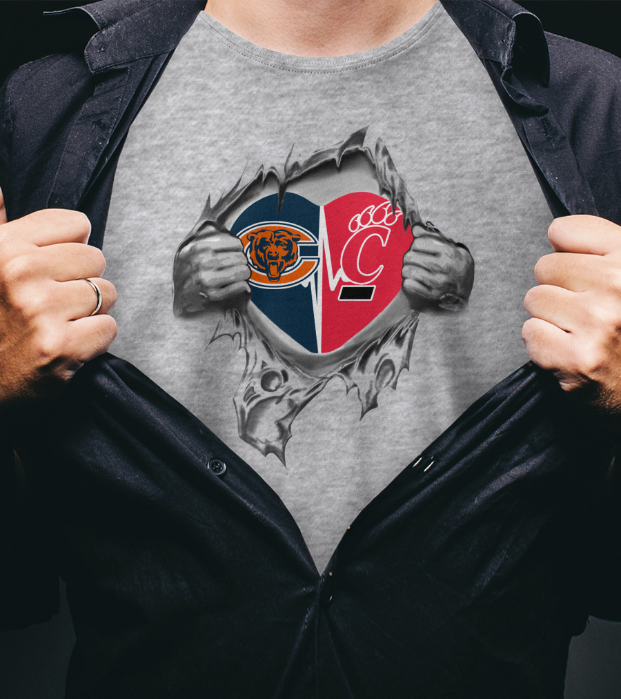Bears Cincinnati Bearcats Heart Logo Fusion Peeking Through Tear T-Shirt