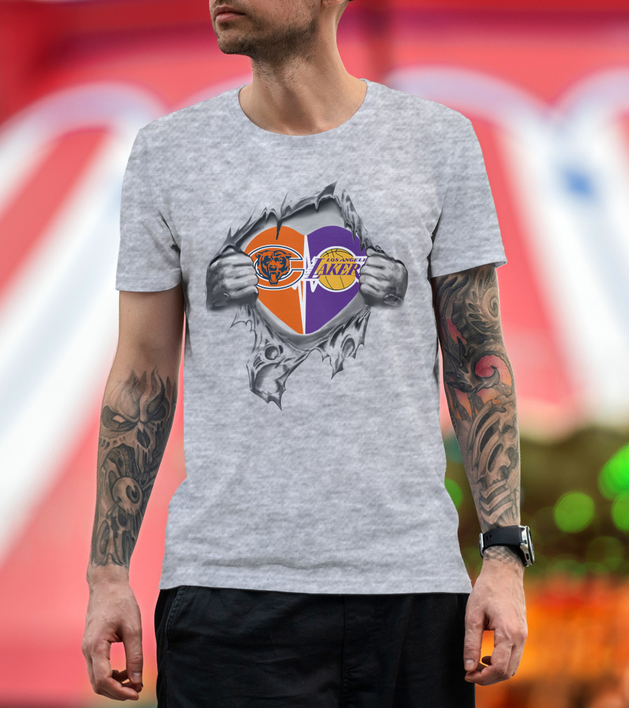 Bears Los Angeles Lakers Heart Logos Inside Ripped Chest T-Shirt