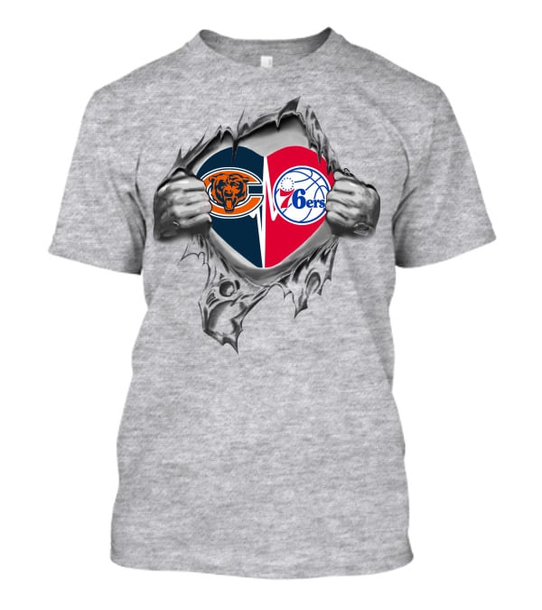 Bears Chicago And Philadelphia 76ers Heart Symbol Torn T-Shirt