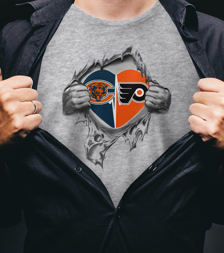 Chicago Bears Philadelphia Flyers Heart Symbol Ripped Steel T-Shirt