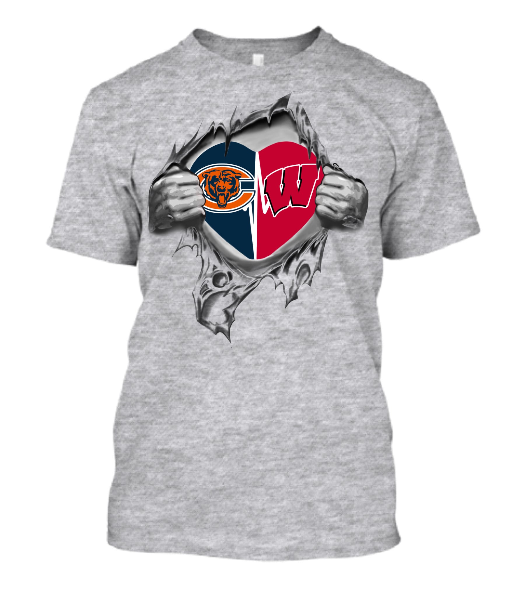 Bears And Wisconsin Badgers Heart Logo Tearing Through T-Shirt