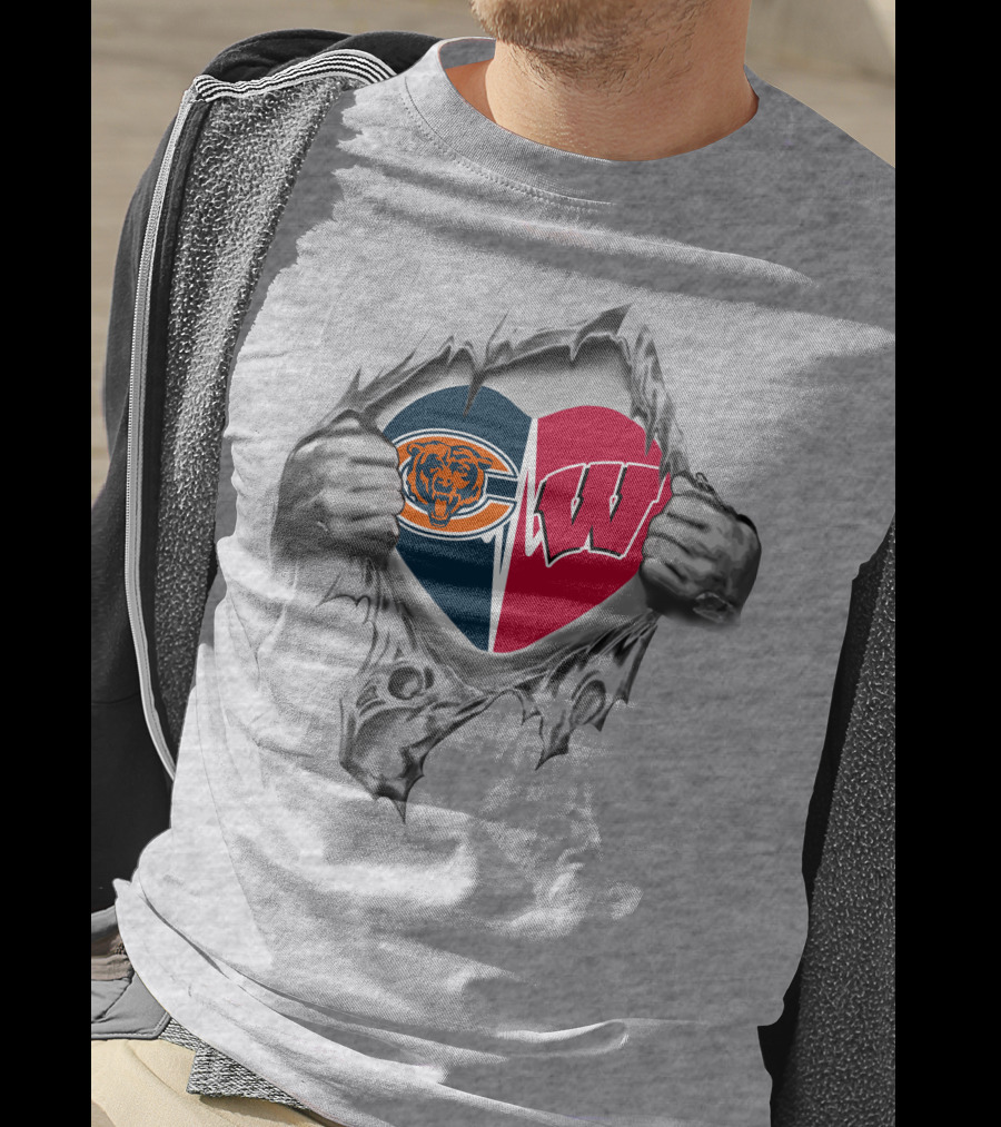 Bears And Wisconsin Badgers Heart Logo Tearing Through T-Shirt