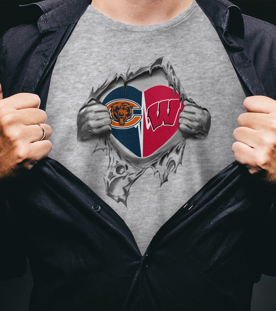 Bears And Wisconsin Badgers Heart Logo Tearing Through T-Shirt