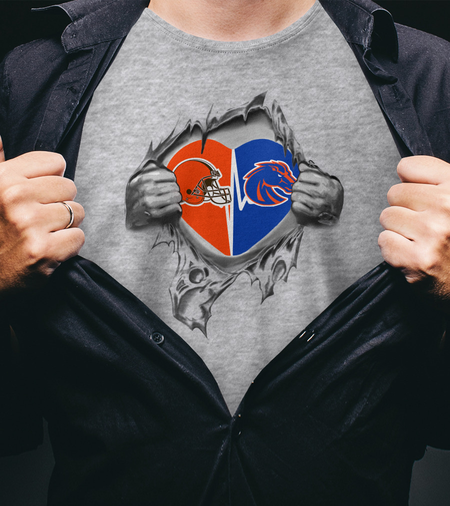 Browns And Boise State Broncos Heart Design With Ripped Effect T-Shirt