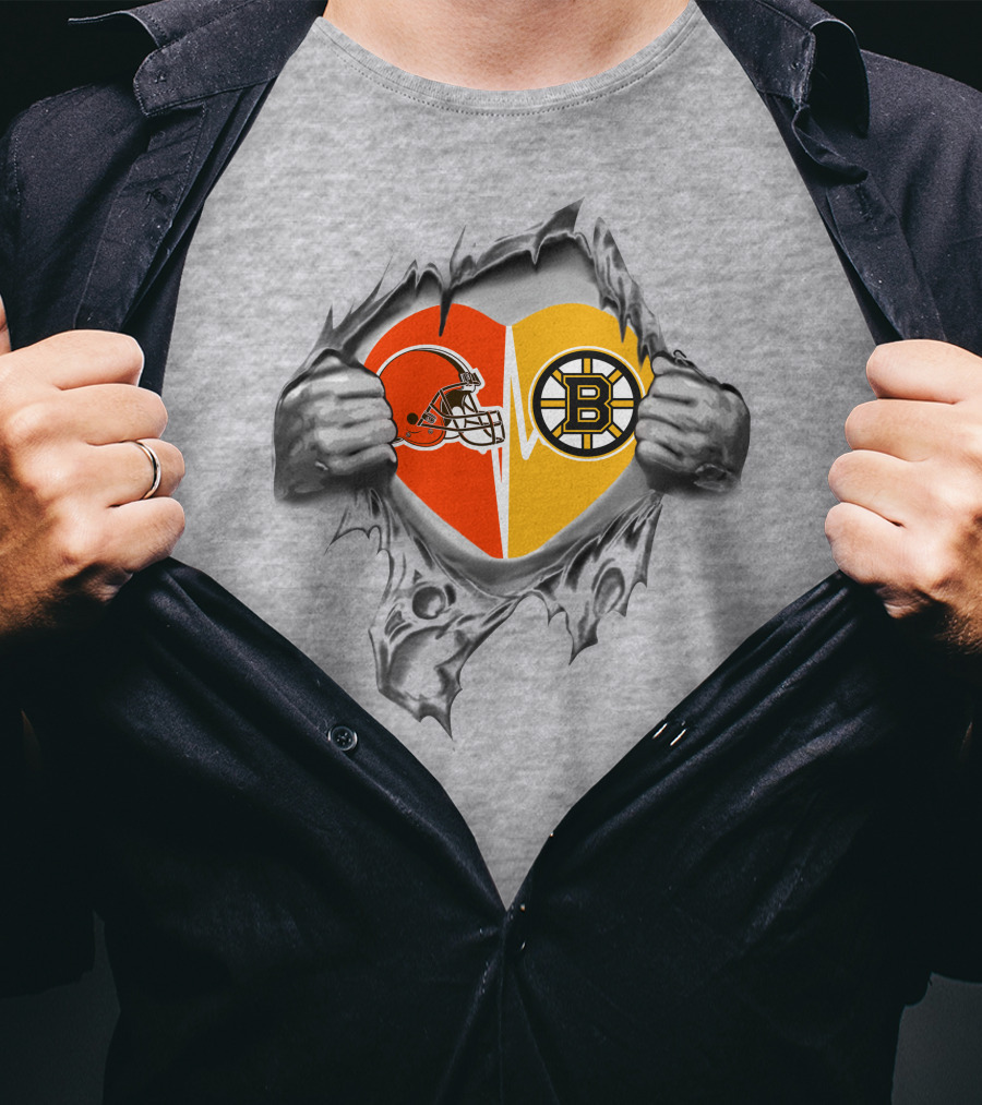 Browns Boston Bruins Heart Helmet Split T-Shirt