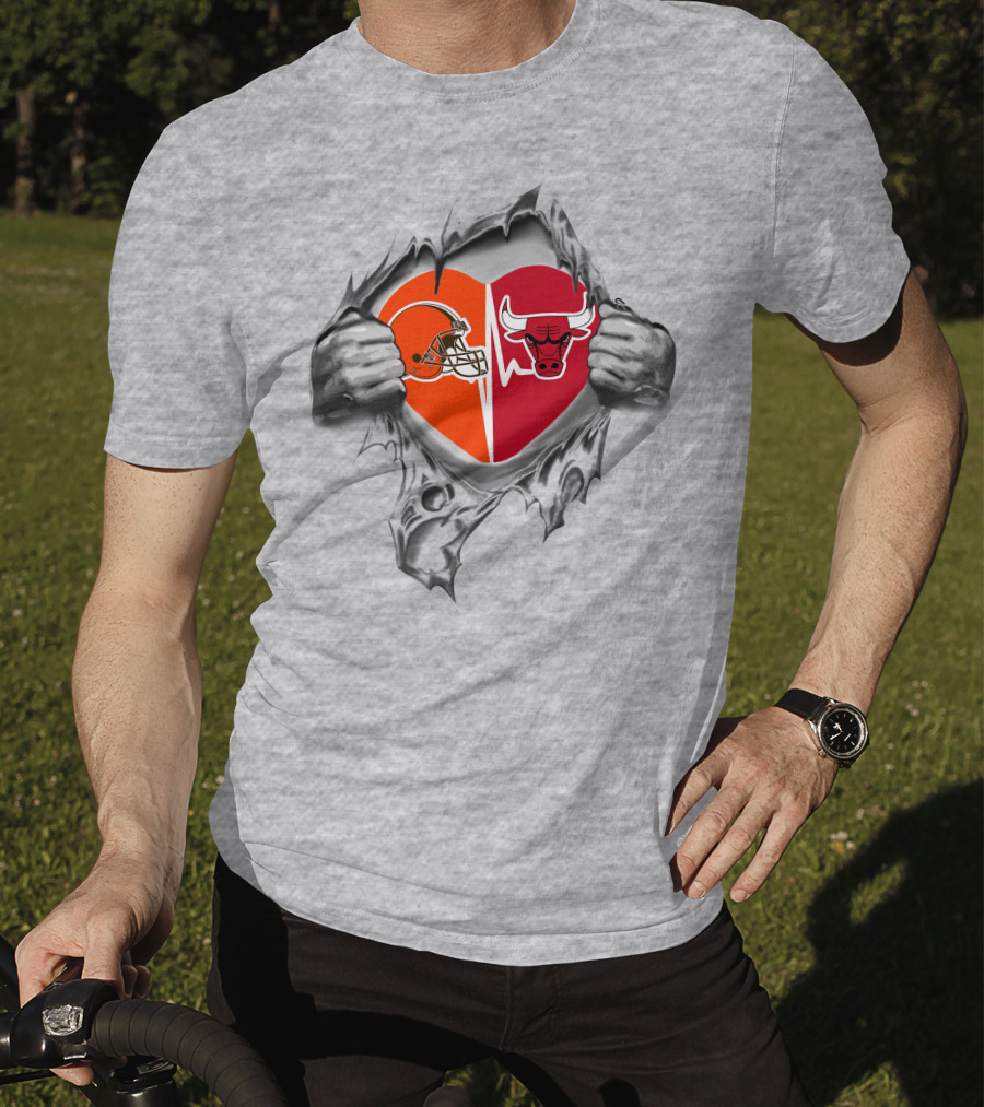 Browns Chicago Bulls Heart Design With Ripped Hands T-Shirt