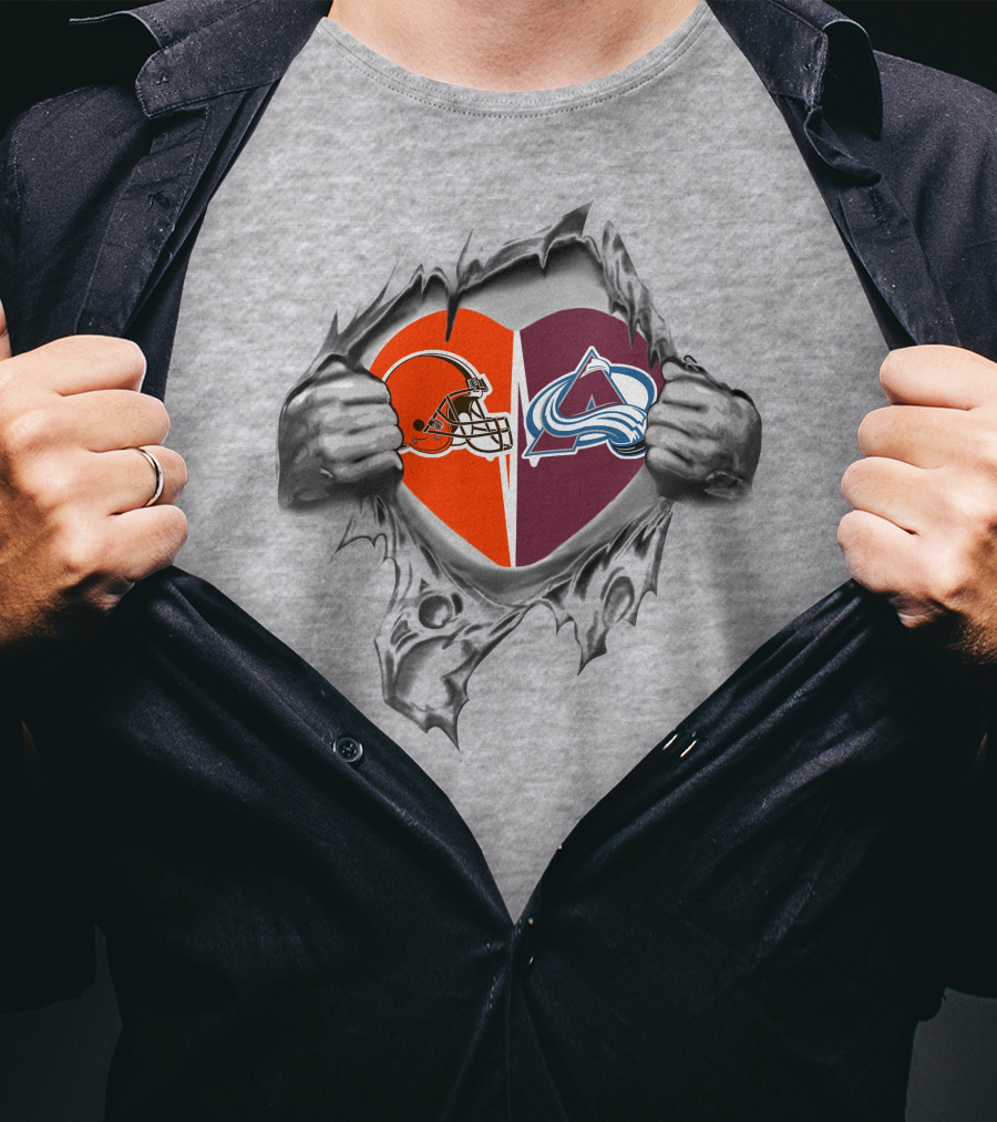 Browns Colorado Avalanche Heart Design Featuring Football And Hockey Logos T-Shirt