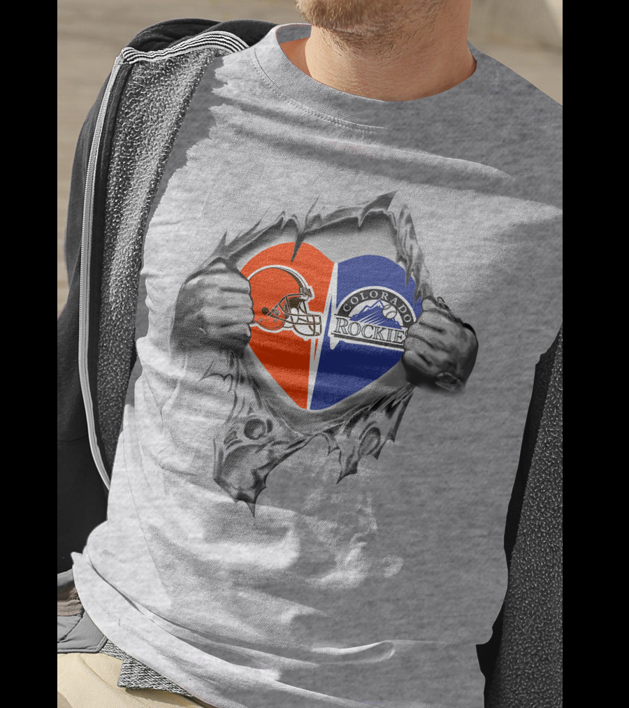 Browns Colorado Rockies Heart With Logos And Ripped Skin T-Shirt