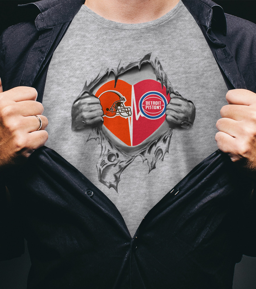 Browns Detroit Pistons Heart Logos Torn Shirt Effect T-Shirt