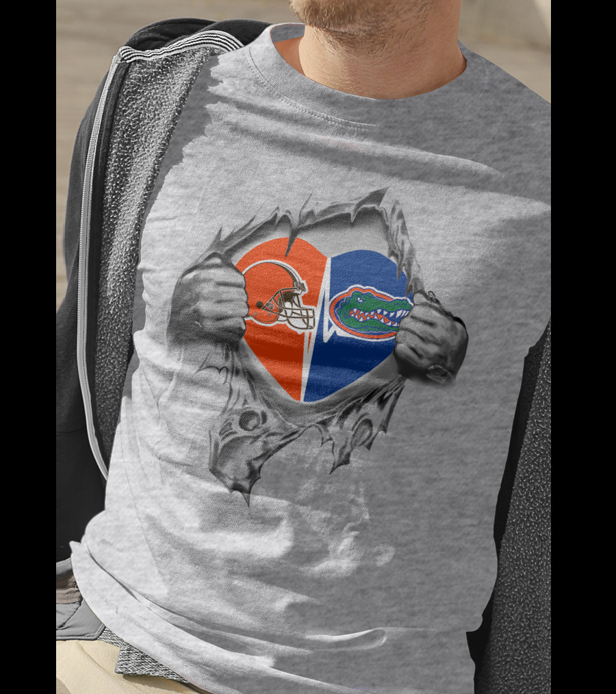 Browns Florida Gators Heart Design Featuring Bold Nfl And College Team Logos T-Shirt