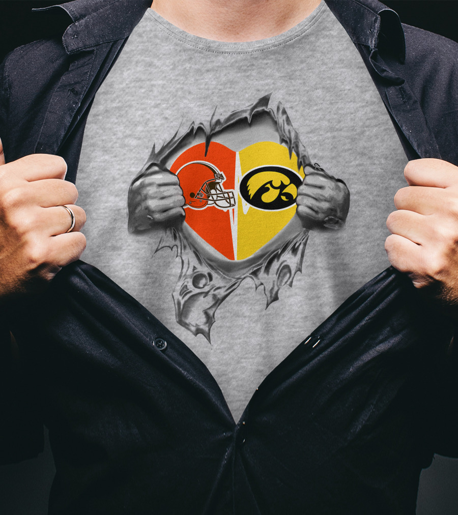 Browns Iowa Hawkeyes Heart Helmet And Tiger Hawk T-Shirt