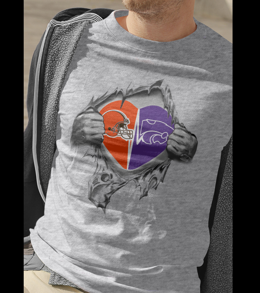 Browns Kansas State Wildcats Heart Design With Helmet And Wildcat T-Shirt