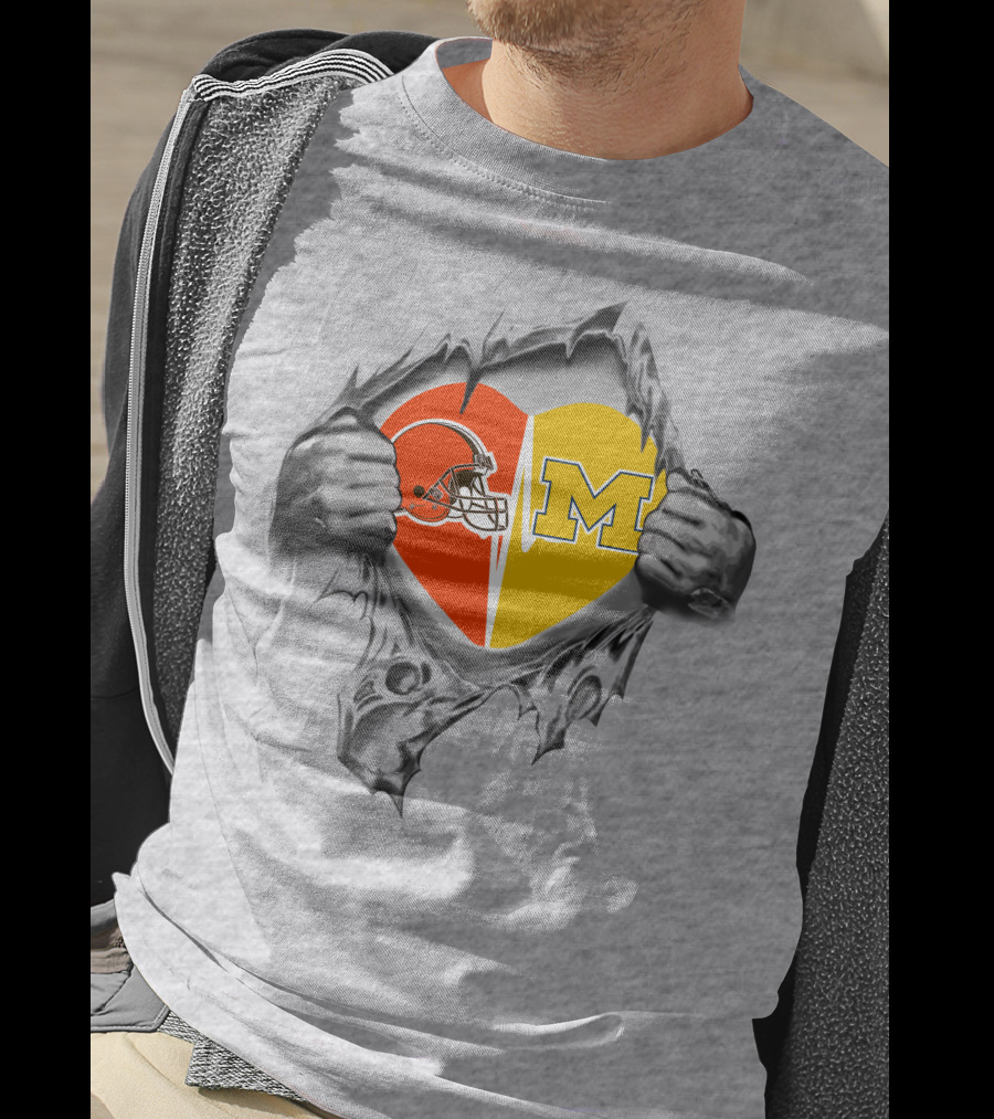 Browns Michigan Wolverines Heart Logo Ripped T-Shirt
