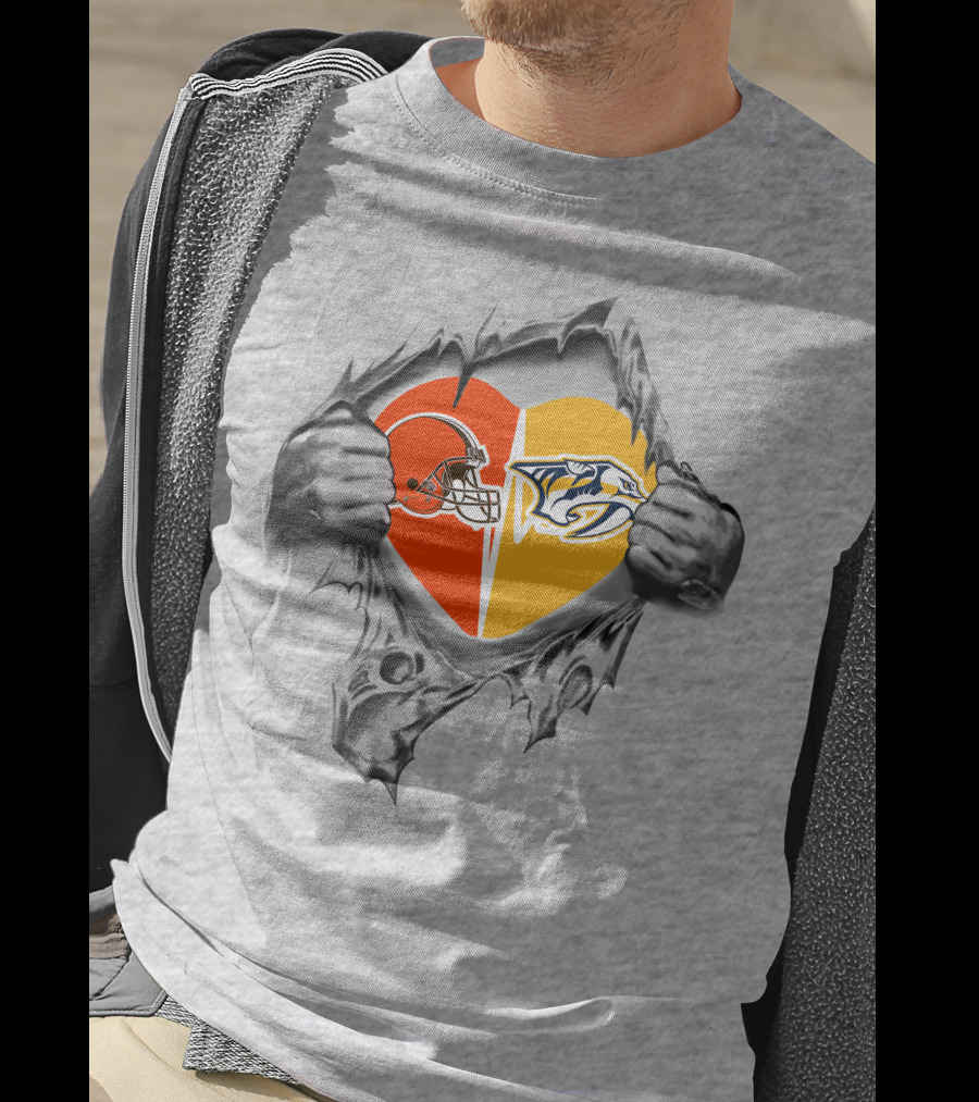 Cleveland Browns Nashville Predators Heart Logo Tearing T-Shirt