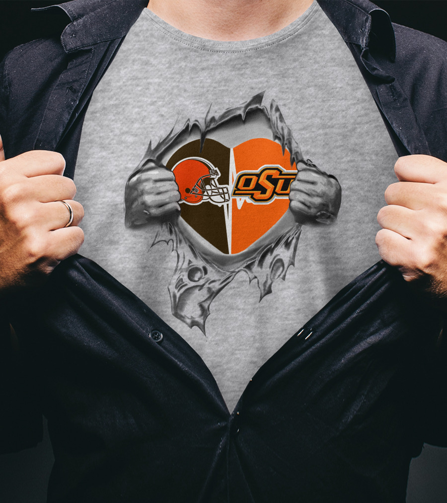 Browns Oklahoma State Cowboys Heart With Teams And Logos T-Shirt