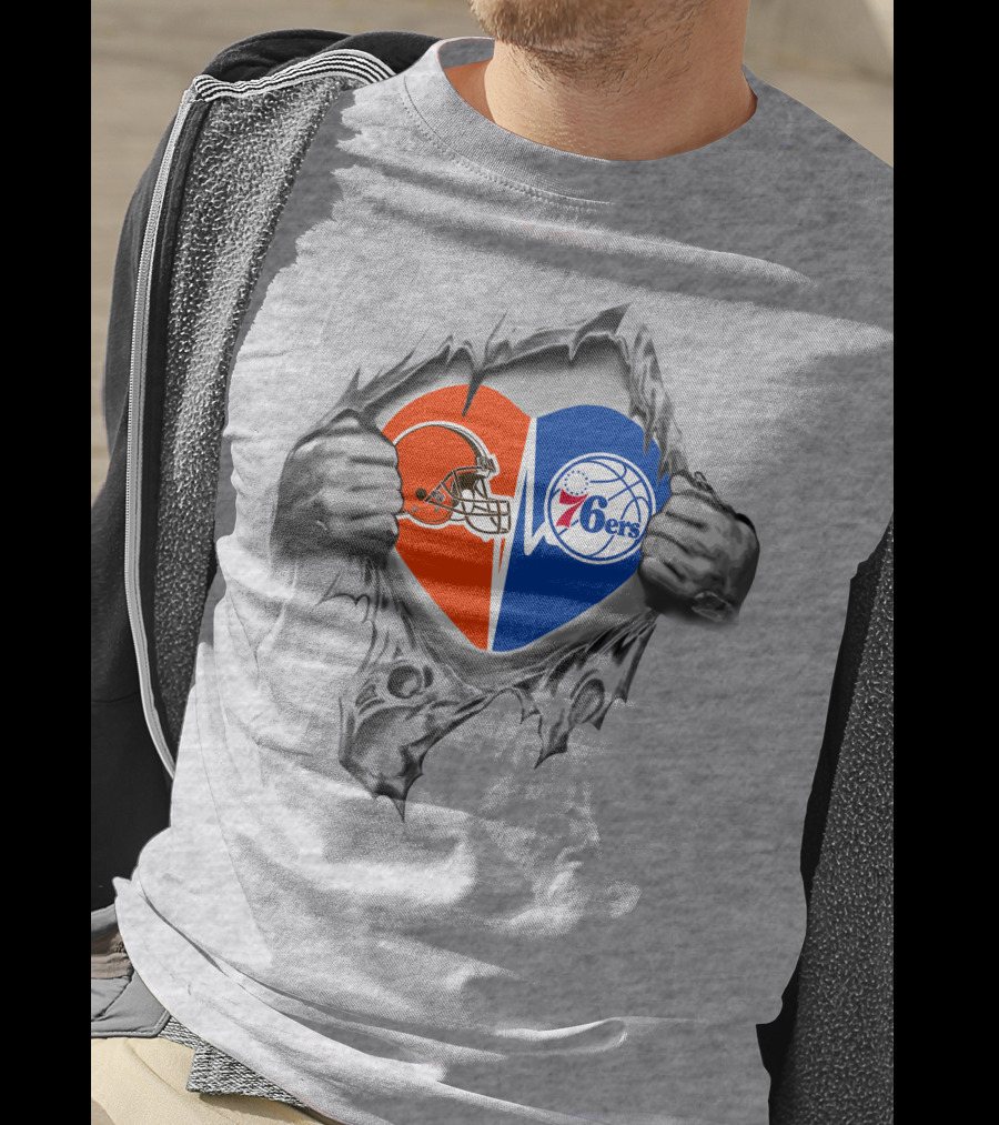 Browns 76ers Nfl Nba Heart Logo Fusion T-Shirt