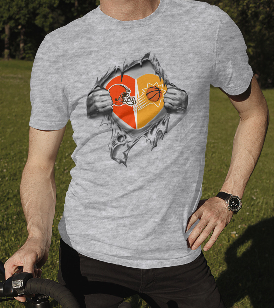 Browns Phoenix Suns Heart With Football And Basketball Logos T-Shirt
