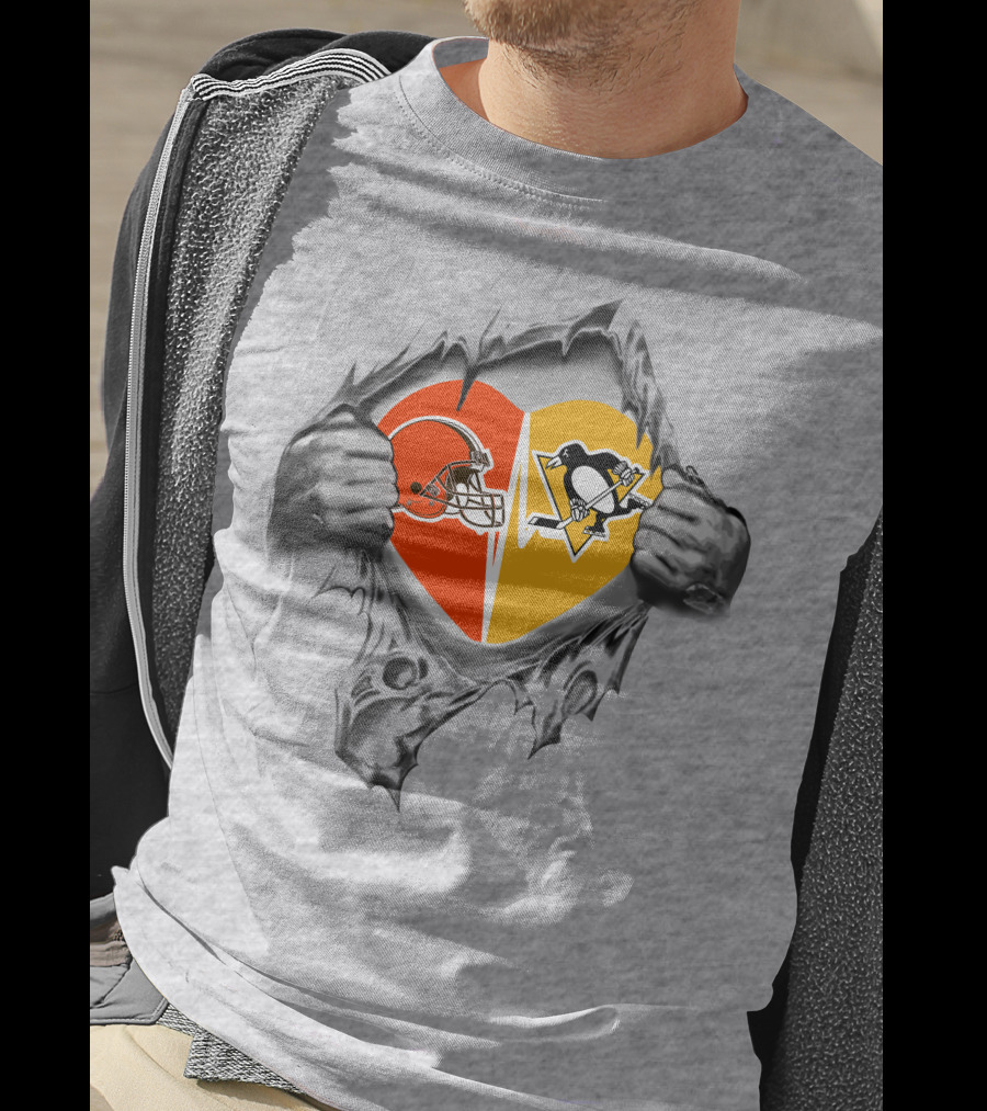 Browns Pittsburgh Penguins Heart Split T-Shirt