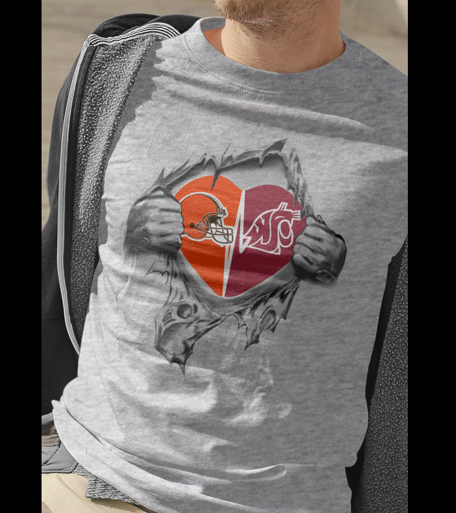 Browns And Washington State Cougars Heart Logo Ripped T-Shirt