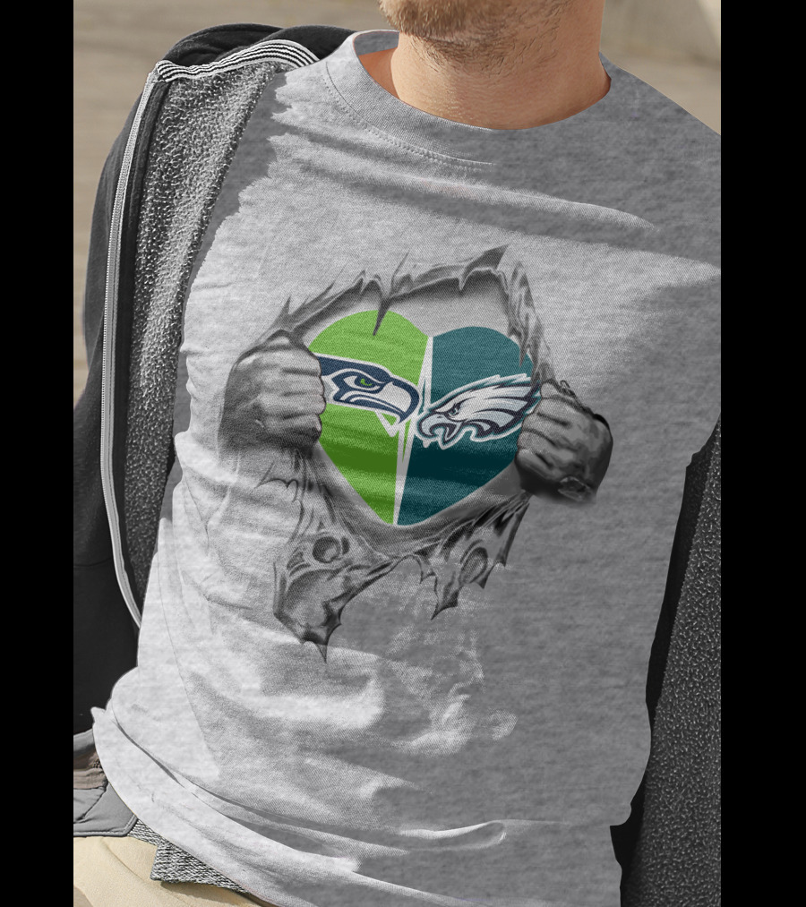 Eagles Seahawks Heart Split Logo Embrace T-Shirt