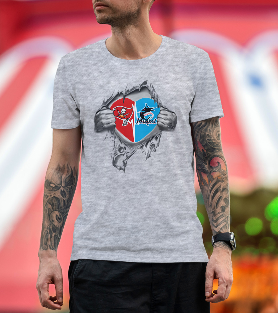 Buccaneers And Miami Marlins Heart Rip T-Shirt