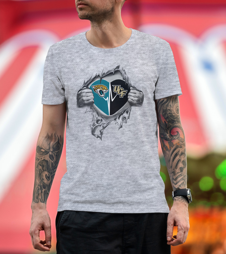 Jacksonville Jaguars Ucf Knights Heart Design Busting Through T-Shirt