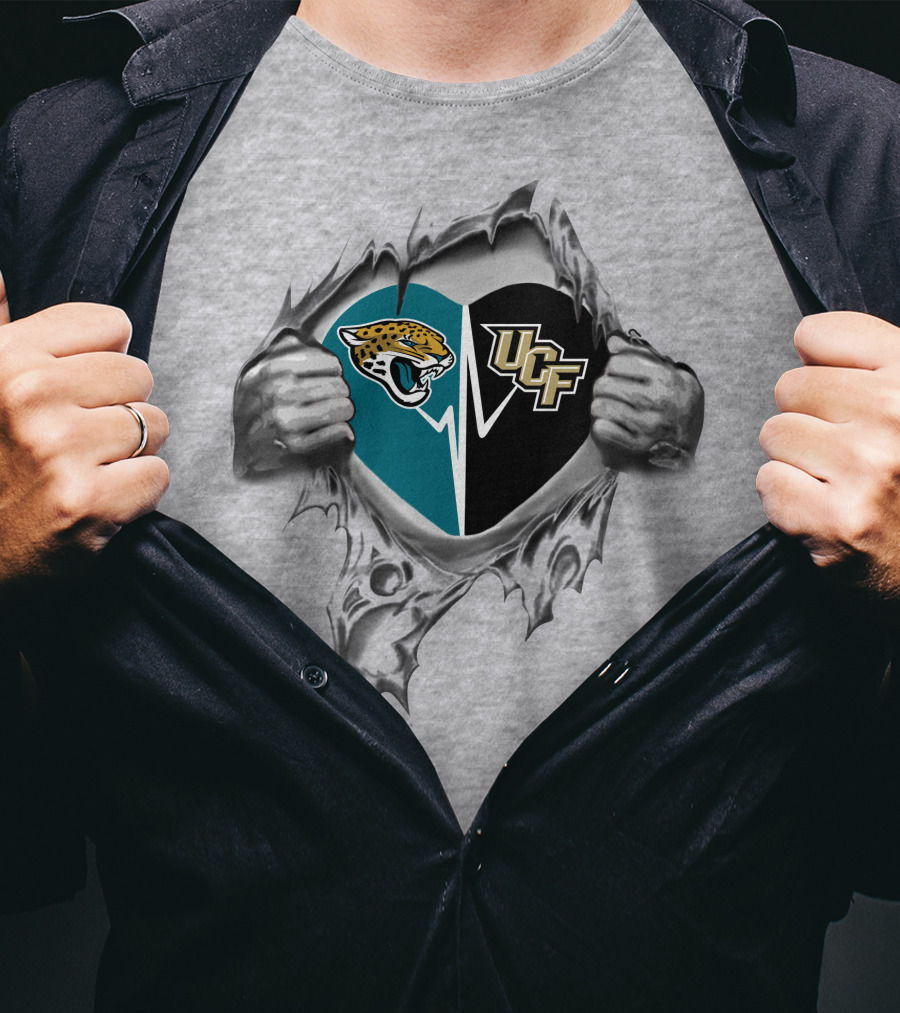 Jacksonville Jaguars Ucf Knights Heart Design Busting Through T-Shirt