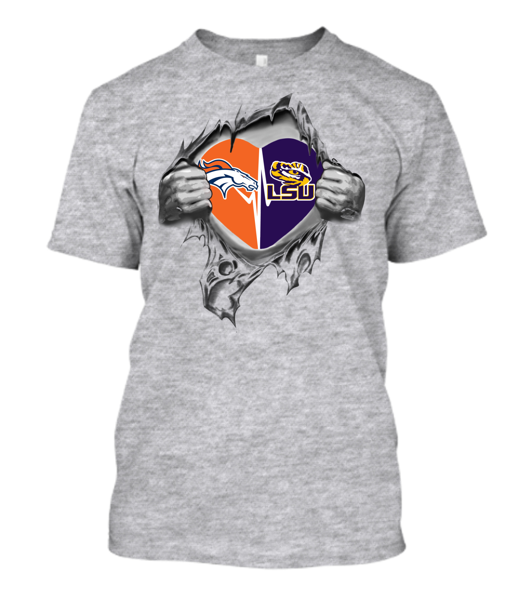 Broncos Lsu Tigers Heart Design With Ripped T-Shirt